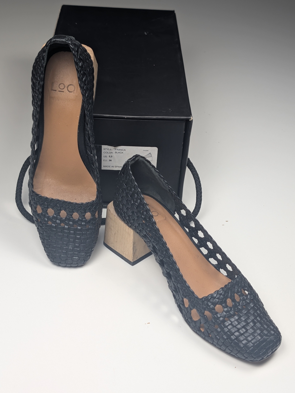 LOQ Franca Black Woven Leather Block Wooden Heel Pumps US 5.5 Made In Spain EU36